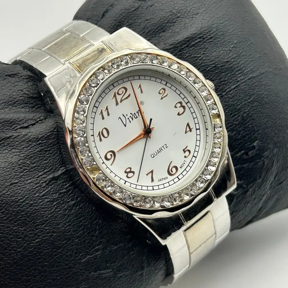Vivani Two-tone Crystal Bezel Women’s Cuff Watch Working New Battery